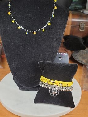Yellow Beaded Necklace Set & Bracelet Stack with Silver Compass Charm